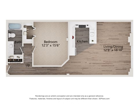 Floor plan for 1 bed, 1 bath, 764 sqft